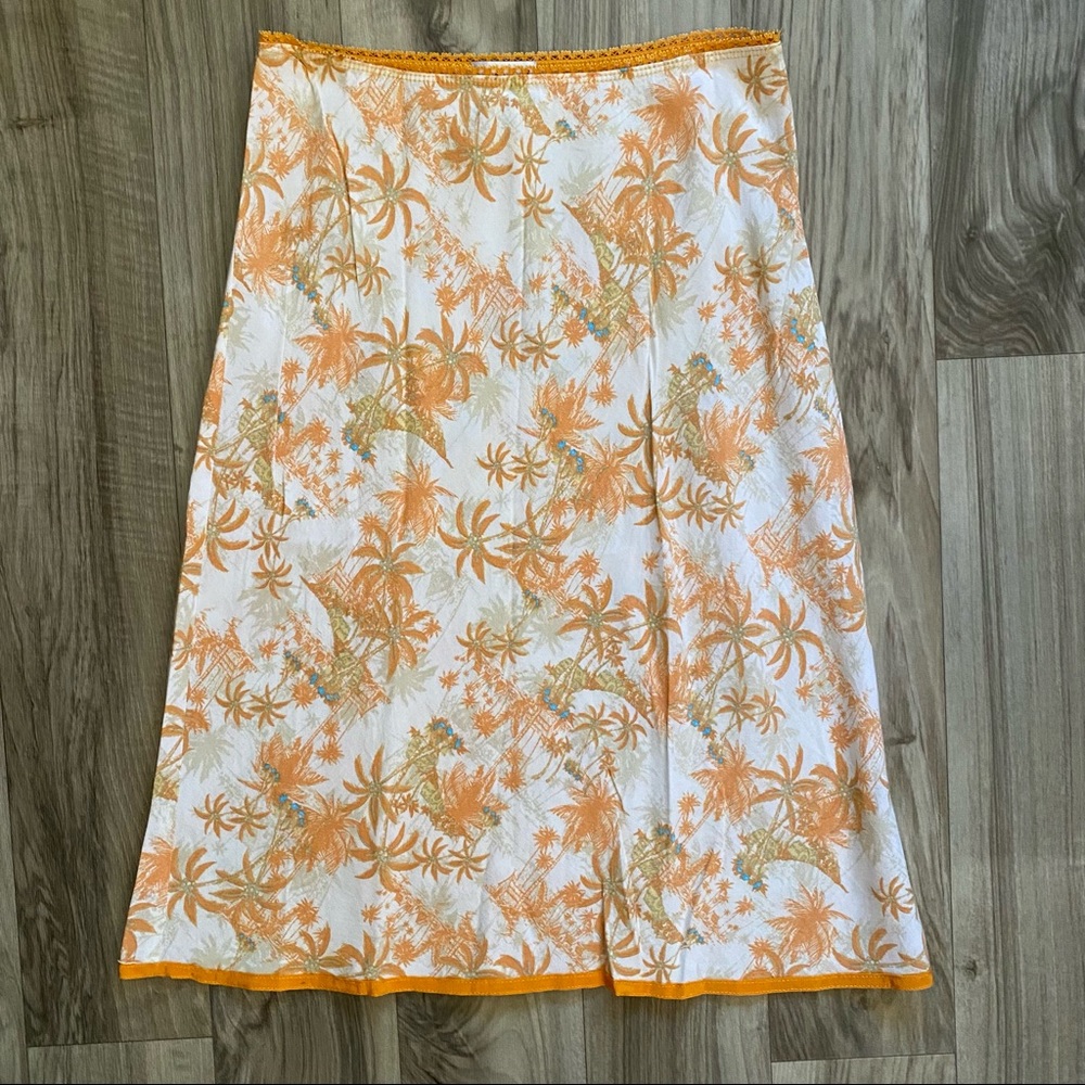 Wet Seal Palm Tree Asian Motif Print Pull-On A-Line Rayon Skirt Crochet Edge